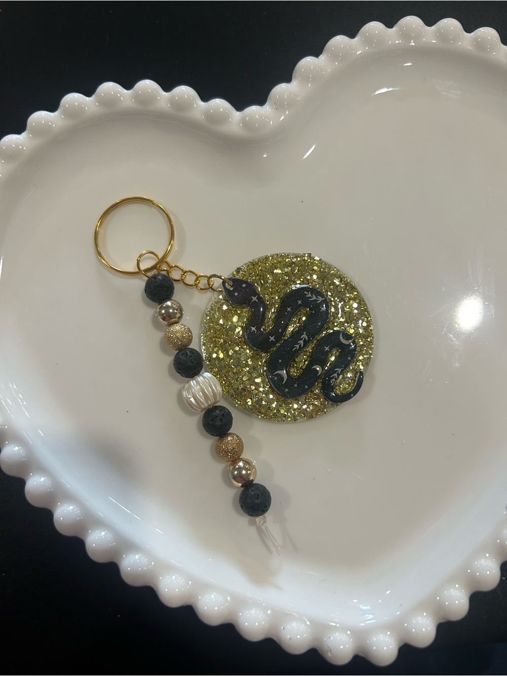Handmade Gold Glitter Snake Keychain with Black Beads